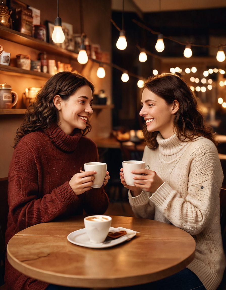 A cozy café setting with two people sharing a heartfelt conversation over steaming mugs of cocoa. Surround them with soft lighting, small heart decorations on the tables, and a warm color palette that evokes comfort. Include subtle elements like intertwined hands and gentle smiles to convey emotional connection. Capture the ambiance of intimacy and warmth. super-realistic. warm colors. soft glow.