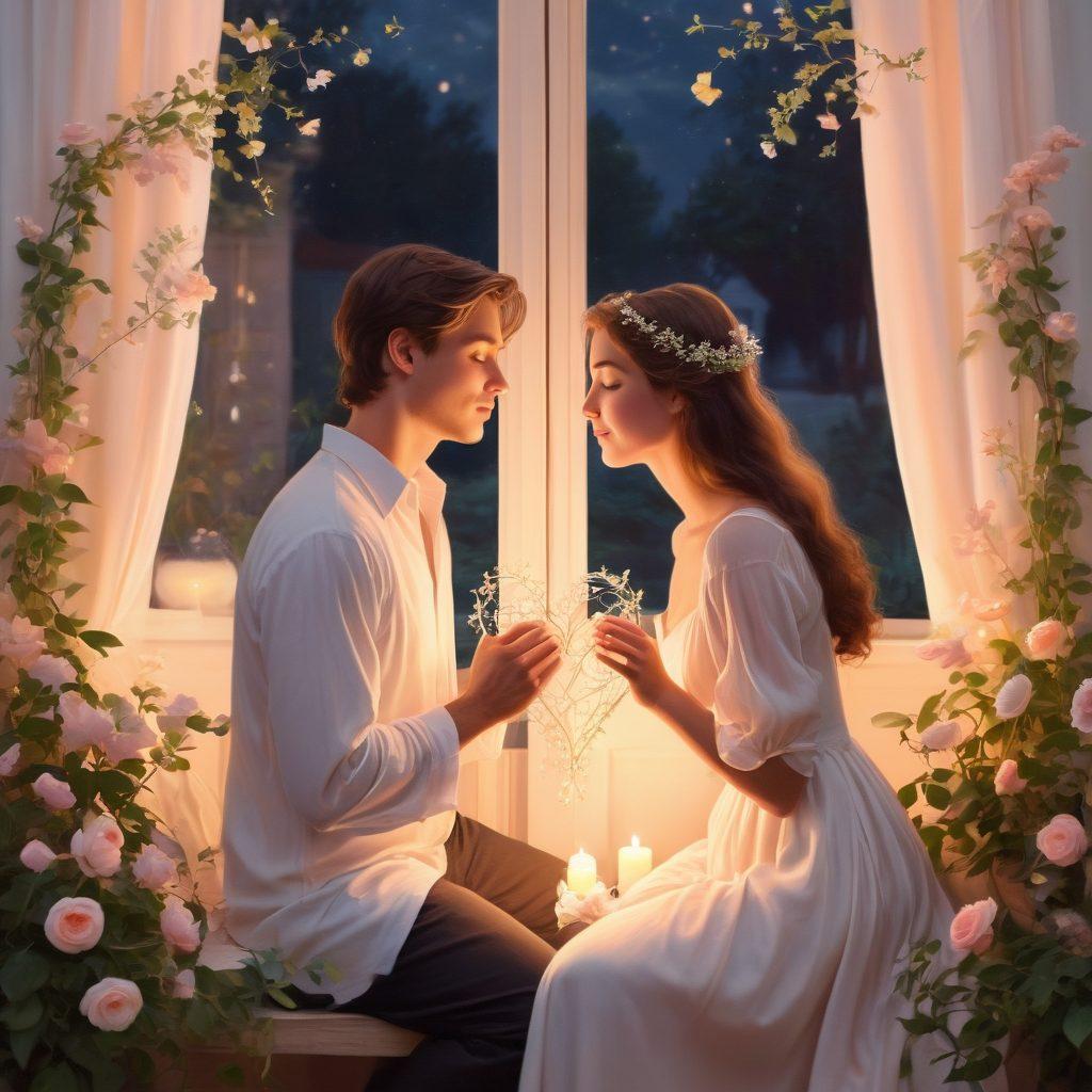 A warm and cozy scene depicting a couple sharing a tender moment, surrounded by soft candlelight and delicate flowers. The background showcases a heart-shaped design made of intertwined vines symbolizing love and connection. Gentle, dreamy colors convey intimacy and warmth, while a hint of sunlight peeks through soft curtains, making the atmosphere feel inviting and nurturing. Illustrative style, soft pastels, and a romantic ambiance.